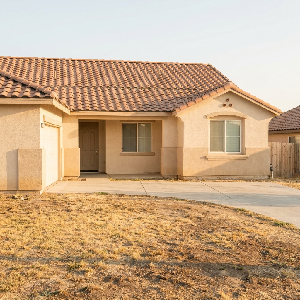 Stucco home with thirsty lawn, before