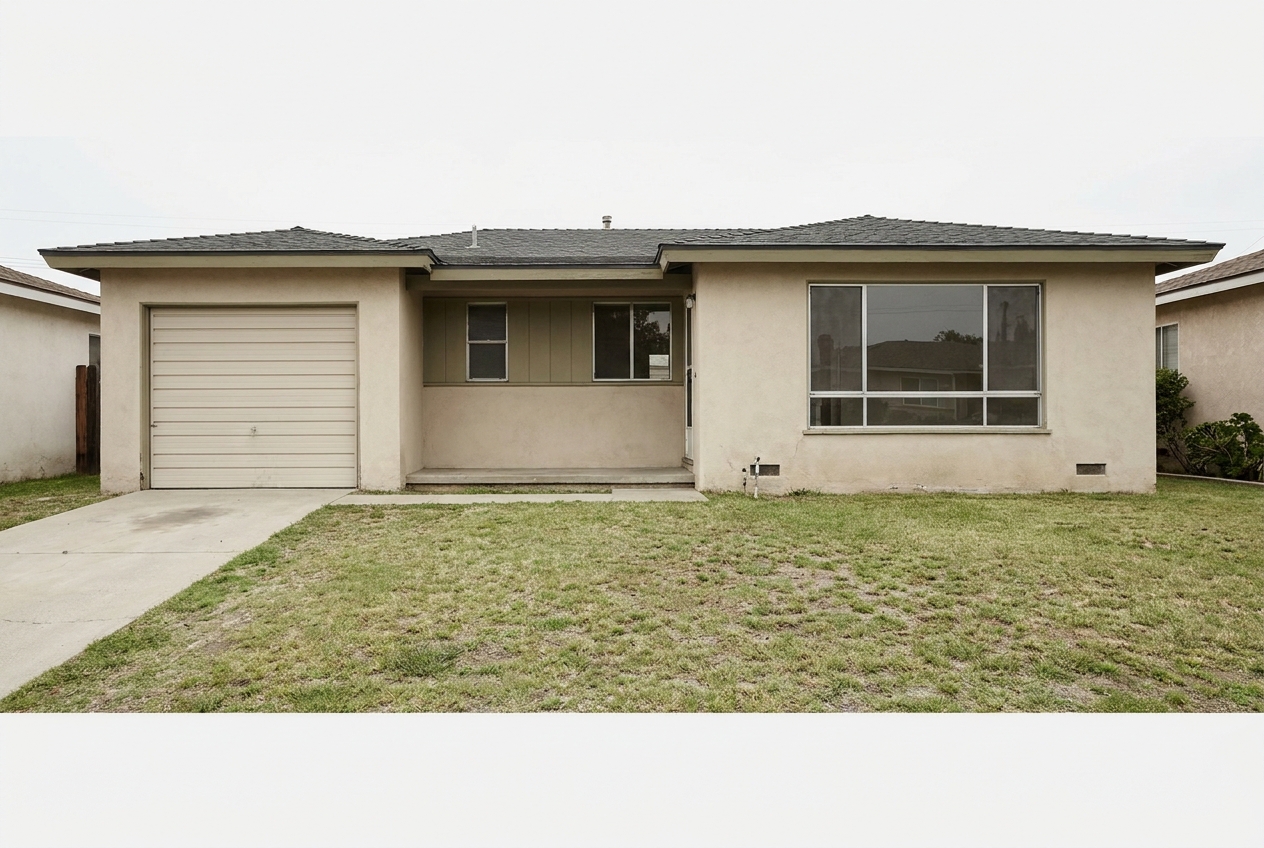 Suburban ranch with overgrown lawn, before